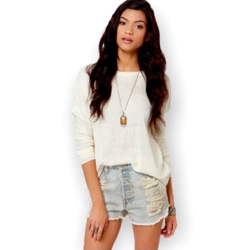 Mink Pink High Rise Button Fly Distressed Denim Cut-off Shorts, Festival Sz Lg